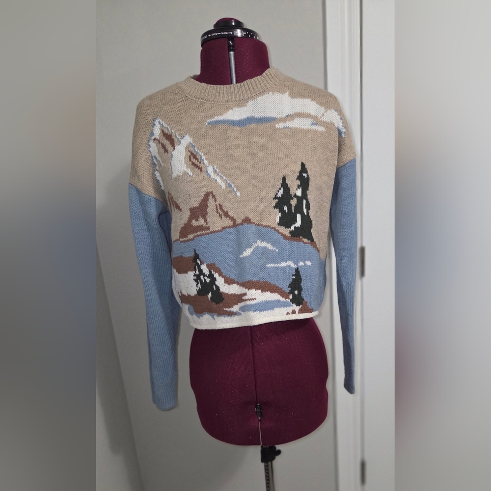 Blue and Tan Crew Neck Sweater with Scenic Winter Design